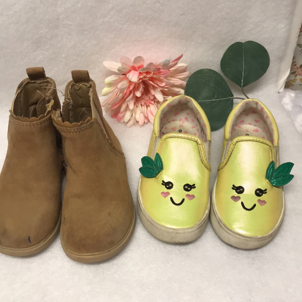 Toddler boots and slip on tennis shoes brown and yellow size toddler 8
